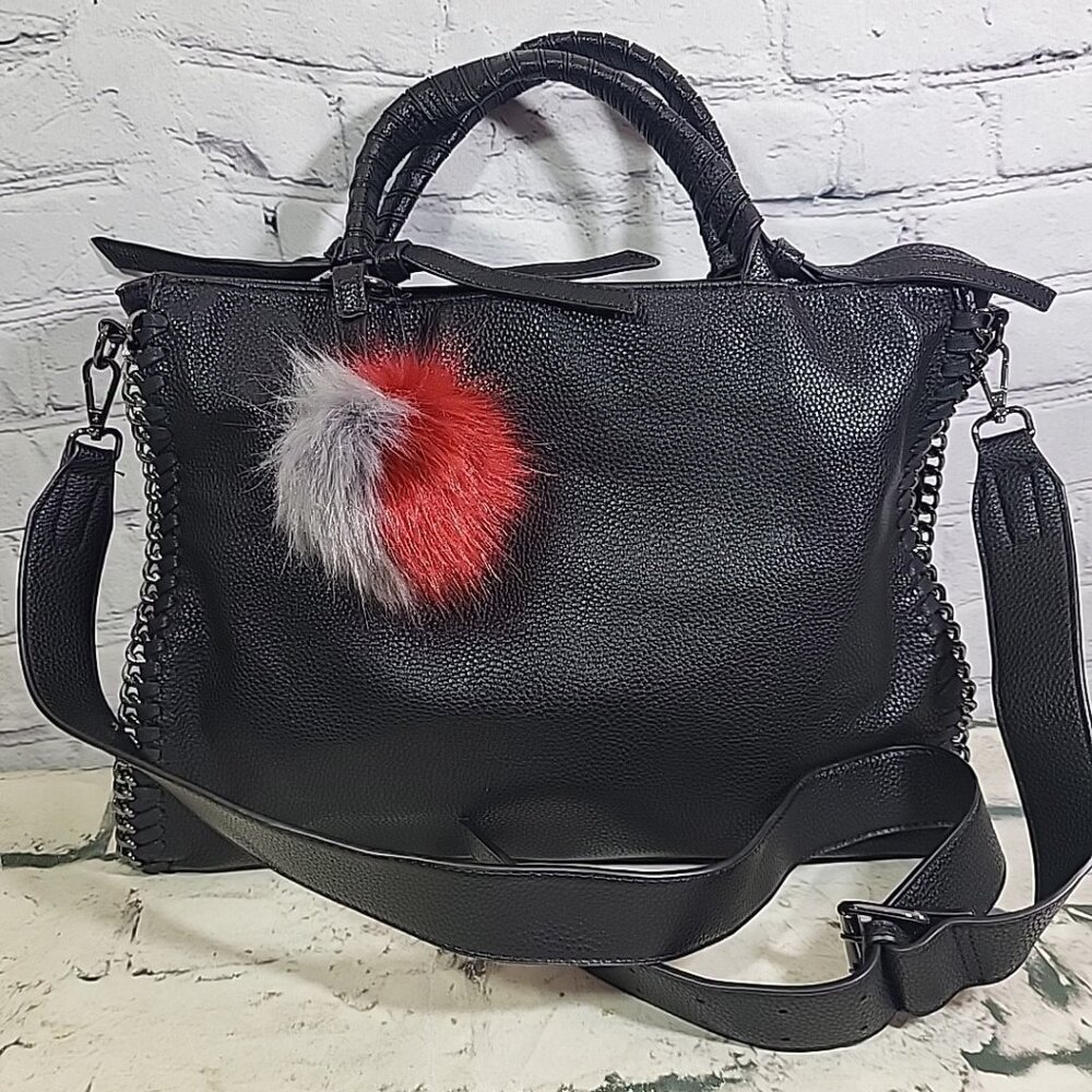 Expressions NYC Bag Black Pebbled Vegan Leather Laptop Moto Rock Goth Chain Trim